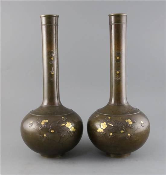 A pair of large Japanese bronze and mixed metal bottle vases, Meiji period, H. 39.5cm